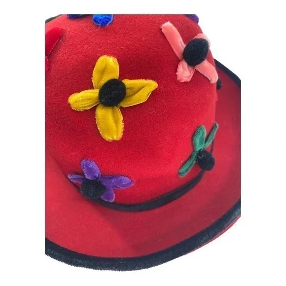 Whittaker & Shon 100% Doeskin Wool Red Felt‎ Hat Velvet Flowers Made In USA - Picture 12 of 15